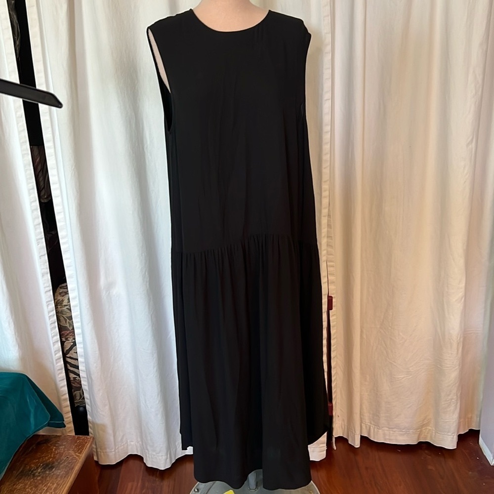 Eileen Fisher Silk georgette Crepe Dropped Waist Tapered Hem Black Dress